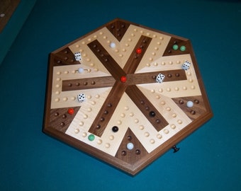 Inlaid Wooden Maple and Walnut 6 Player Aggravation Board