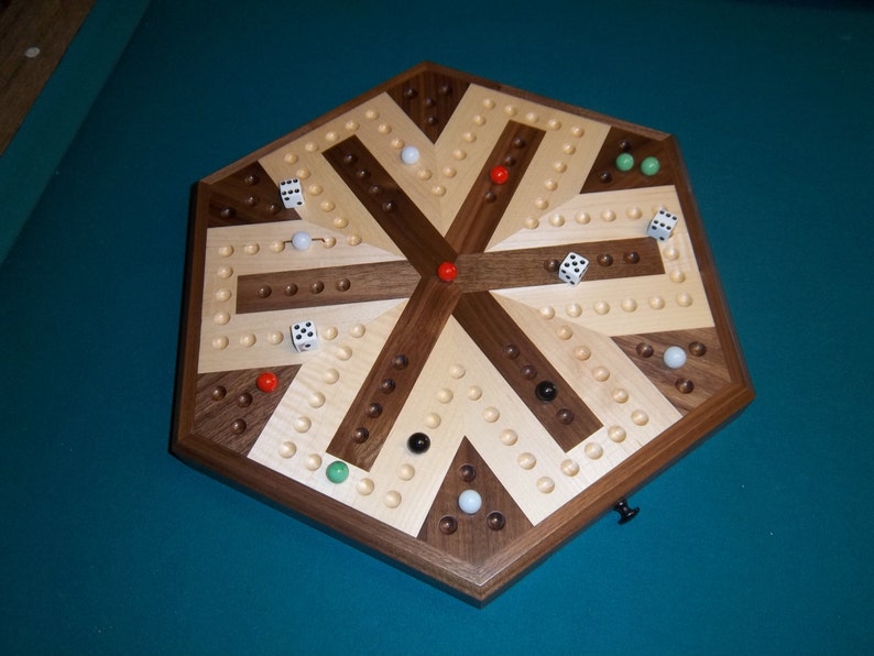 Inlaid Wooden Maple and Walnut 6 Player Aggravation Board