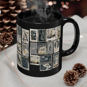 C. Vintage Inspired Black Stamp Mug, Unique Coffee Cup, Retro Design Mug, Collector Gift Idea, Artistic Home Decor, Gift for Him