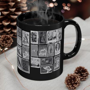 D. Vintage Inspired Black Mug, Unique Coffee Cup, Retro Design Mug, Collector Gift Idea, Artistic Home Decor, Gift for Him, Stamp Mug