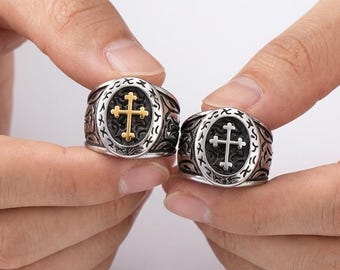 Anello con croce spirituale da uomo, gioiello religioso, fascia in acciaio inossidabile incisa color oro, croce, regalo cristiano, anello con simbolo religioso