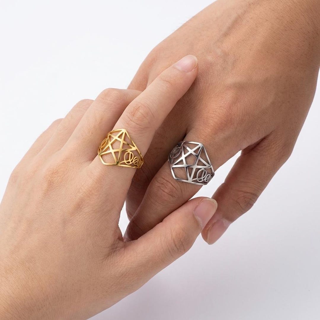Gold Ripentagram Ring Gold Pentagram Ring Pagan Jewelry Wiccan Symbol Open Band Adjustable ...