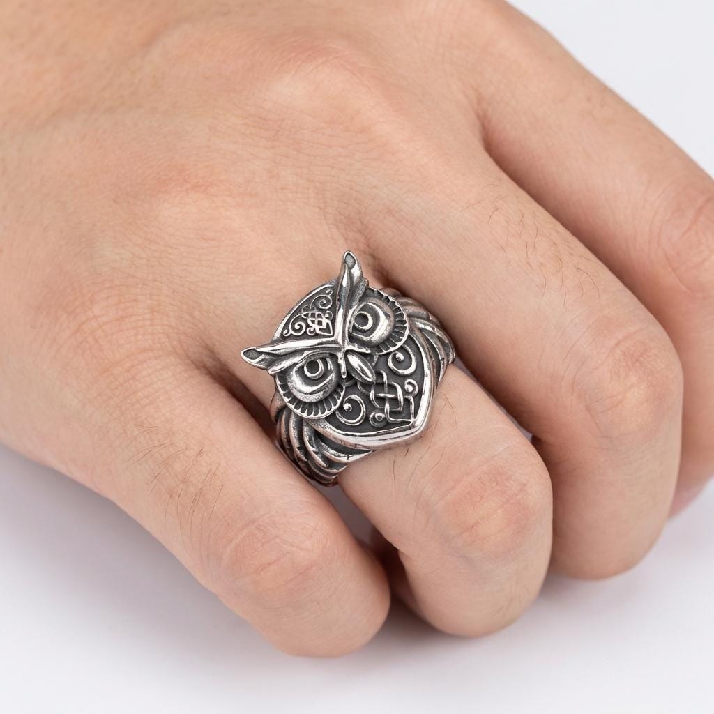 Celtic Owl Ring Norse Viking Jewelry Sterling Silver Animal Design Wisdom Symbol Gift for Him Her Me