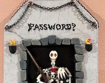 The Password?  demands the Skeleton Guard. Creepy wood wall plaque with Glow in the Dark elements.