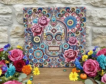 Woven Tapestry , Day of the Dead panel stretched on a wood frame.  Skulls, good luck symbols and flowers