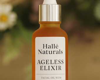 May include: Amber-colored glass bottle of facial oil with a white dropper and silver cap. The label reads "Hallé Naturals AGeless Elixir Facial Oil with Bakuchiol & Botanicals."
