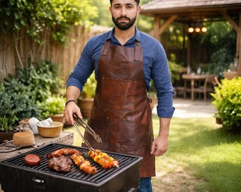Cowhide Leather BBQ Apron Adjustable Straps Men Full Grain Apron