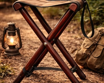 Leather Camping Stool, Foldable Portable Hiking Seat, Leather Tripod Stool, Outdoor Travel Chair, Fishing Hunting Seat, Rustic Gift for Him