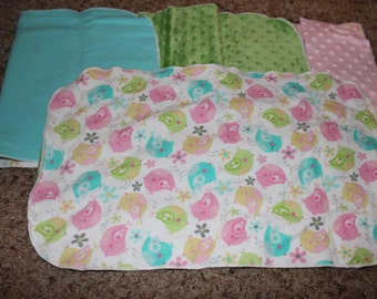 Bird and Flower Burp Cloth with Minky or Flannel Flowers Pink, Green, Yellow, Teal