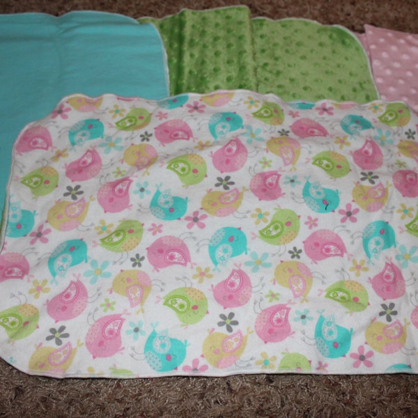 Bird and Flower Burp Cloth with Minky or Flannel Flowers Pink, Green, Yellow, Teal