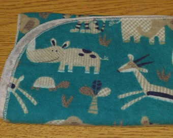 Jungle animal burp cloth with minky-elephant, gazelle, tiger, rhino, turtle