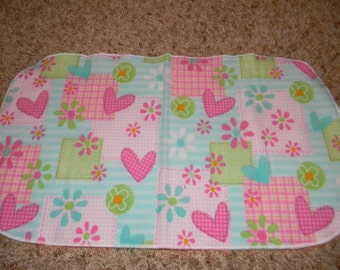 Pink and Aqua Heart and Flower Burp Cloth