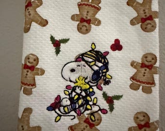 Snoopy Christmas Kitchen Hand Towel Embroidered Design 100% Cotton