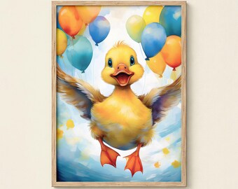 Póster de patito, póster de patito en acuarela con globos, decoración para habitación infantil, ilustración de animal para imprimir