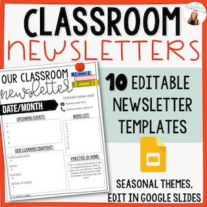 Könnte beinhalten: Werbebild für Klassenzimmer-Newsletter-Vorlagen. Das Design zeigt die Worte "Classroom Newsletters" in fetter Schrift. Das Bild enthält ein Beispiel-Newsletter-Layout mit Abschnitten für kommende Veranstaltungen und eine Wortliste. Der Text lautet "10 Editable Newsletter Templates".