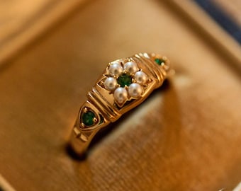 14K Gold Vermeil Emerald Pearl Ring, Engagement Timeless Ring, Anniversary Gift, Waterproof Ring