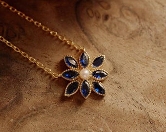 14K Gold Vermeil Sapphire Pearl Necklace, Vintage Sapphire Flower Pendant, Everyday Jewelry, Anniversary Gift for Wife