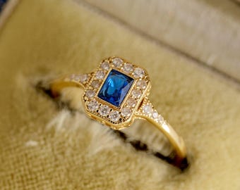 Art Deco Emerald Cut Blue Sapphire Engagement Ring in 14K Gold, Unique September Birthstone Gift