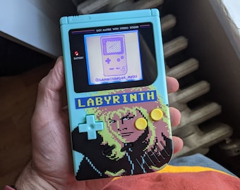 Custom David Bowie Labyrinth backlit Gameboy DMG, modded bivert Nintendo game boy with glass screen and free game!