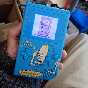 Custom Beavis and butthead cornholio backlit Gameboy DMG, modded bivert Nintendo game boy with glass screen and free game!