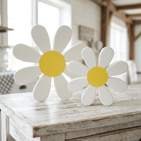 Daisy Shelf Sitter – Spring Decorations - Modern Farmhouse Flower Decor - Tiered Tray Decoration Set - Nursery Decor