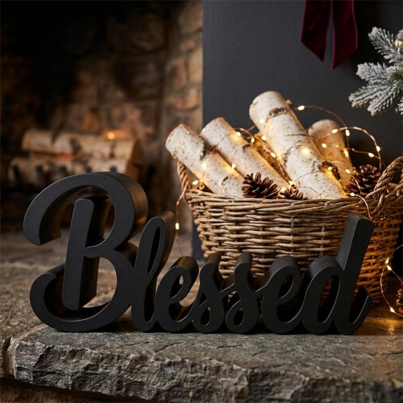 Puede incluir: Un letrero de madera negro con la palabra "Blessed" en cursiva se encuentra sobre una superficie de piedra. Una cesta de mimbre llena de troncos de abedul, pi&ntilde;as y luces de hadas se encuentra en el fondo, cerca de una chimenea.