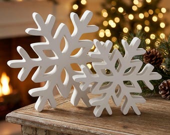 Snowflake Decor Set of 2, 3D Winter Snowflake Signs, Shelf Sitting Snowflakes, Tiered Tray Decor, Farmhouse Christmas Mantel Decor