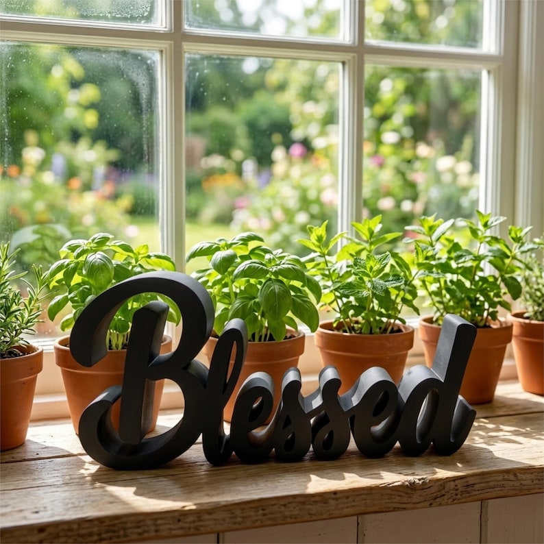 Puede incluir: Un letrero de madera negro con la palabra "Blessed" est&aacute; colocado en un alf&eacute;izar de madera. Detr&aacute;s, varias plantas en macetas con hojas verdes est&aacute;n dispuestas, con una ventana que ofrece vistas a un jard&iacute;n.