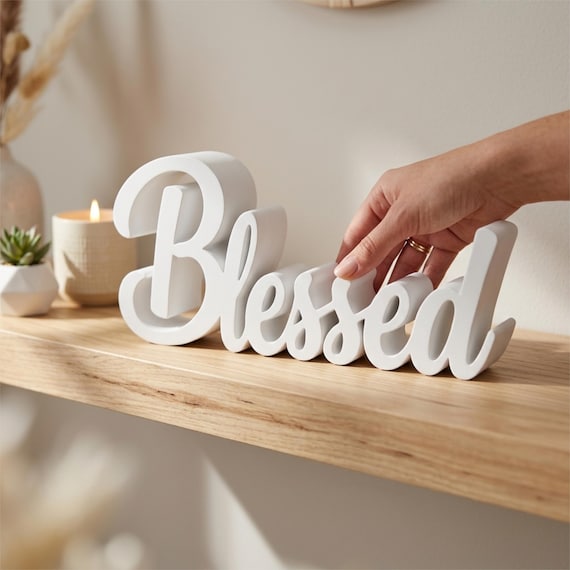 Dimensional Cursive Blessed Word Sign, Farmhouse Faith Decor, White Black Matte Finish