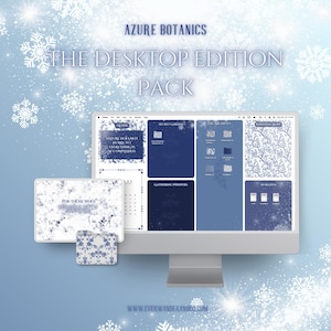 May include: A desktop edition pack with a winter theme. The image shows a computer monitor, a tablet, and a small square item, all displaying a blue and white floral design. The text "AZURE BOTANICS" and "THE DESKTOP EDITION PACK" are visible.