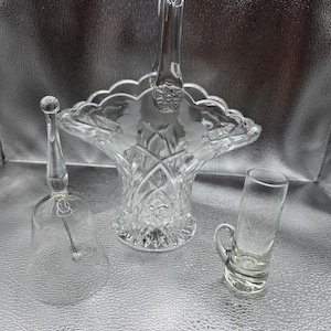 Princess House Heritage Crystal Basket, Bell, And Shot Glass