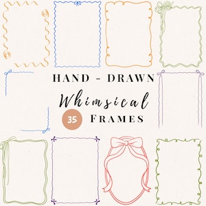 Peut inclure: Ensemble de cadres fantaisistes dessinés à la main, de différentes couleurs, notamment vert, bleu et orange, avec des éléments décoratifs tels que des nœuds et des volutes. L'image contient le texte "Hand-Drawn Whimsical Frames" et le chiffre "35".