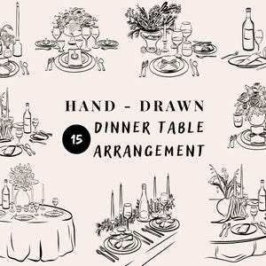 Op de afbeelding: Handgetekende illustraties van 15 dinertafelarrangementen. Elk arrangement heeft couverts met borden, bestek, glaswerk en decoratieve centerpieces zoals bloemen, kaarsen en pompoenen. De tekst luidt "HAND - DRAWN DINNER TABLE ARRANGEMENT".