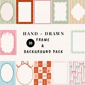 Può includere: Una collezione di 30 cornici e sfondi disegnati a mano. Le cornici variano in forma e stile, tra cui ovali, rettangolari e bordi smerlati, con motivi come strisce, fiocchi e motivi floreali. La tavolozza dei colori include rosa pastello, blu, verde e arancione.