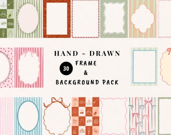 May include: A collection of 30 hand-drawn frames and background designs. The frames vary in shape and style, including oval, rectangular, and scalloped edges, with patterns like stripes, bows, and floral motifs. The color palette includes pastel pinks, blues, greens, and oranges.