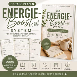 Könnte beinhalten: Ein Buch und zugehörige Materialien mit dem Titel "ENERGIE-Boost SYSTEM" mit dem Slogan "Mehr Energie, Weniger Stress, Besserer Schlaf." Enthält ein Journal, Tracker und E-Book. Eine Tasse und ein Stift sind ebenfalls sichtbar.