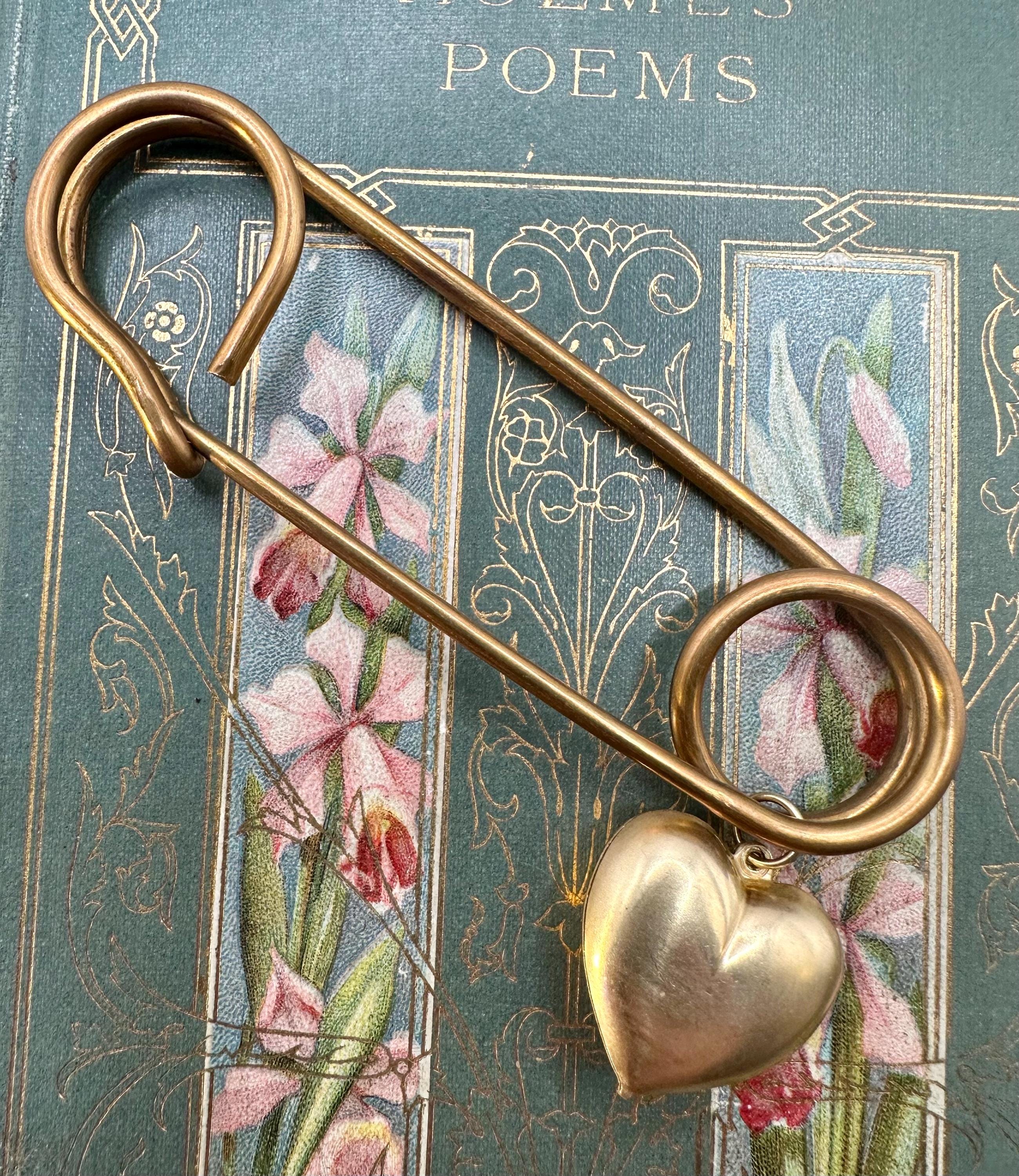 Vintage Raw Brass Big Kilt Safety Pin PUFFY HEART CHARM Pin Gold