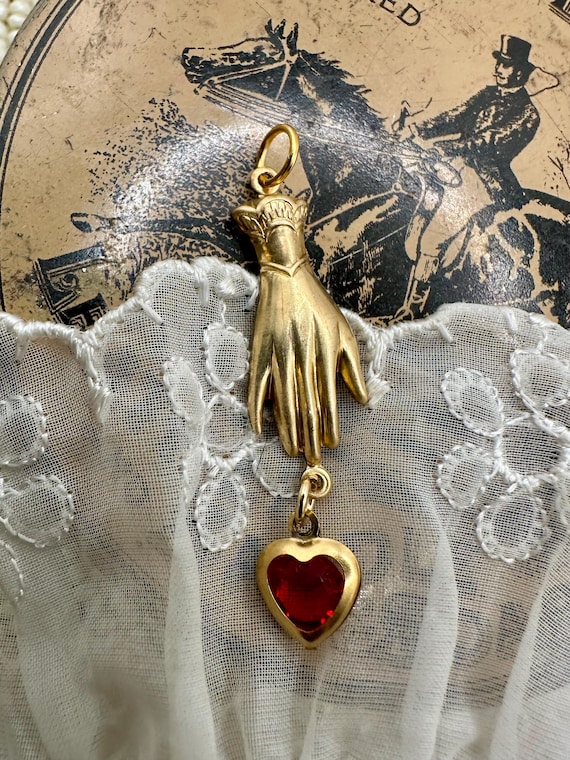 Vintage Victorian Style Hand Glove RUBY RED HEART Pendant Charm for Necklace Raw Brass Gold Jewelry Making Supplies July Birthstone