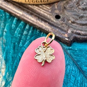 May include: A gold four-leaf clover charm pendant with a textured surface.