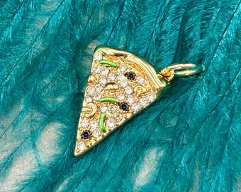 Stainless Steel Pave RHINESTONE PIZZA SLICE Charm Pendant for Necklace Earrings Food Jewelry Gold Dainty