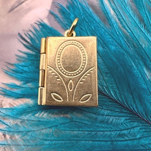 Vintage Raw Brass Victorian FLORAL BOOK LOCKET Charm Necklace Pendant Gold Bracelet Earrings Jewelry Finding Photo Love Valentines Day