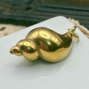 May include: A polished gold-tone metal pendant shaped like a spiral seashell. The charm features a smooth, reflective surface with a rounded, tapered body and a small circular jump ring attached to the narrow end for hanging on a chain or cord.