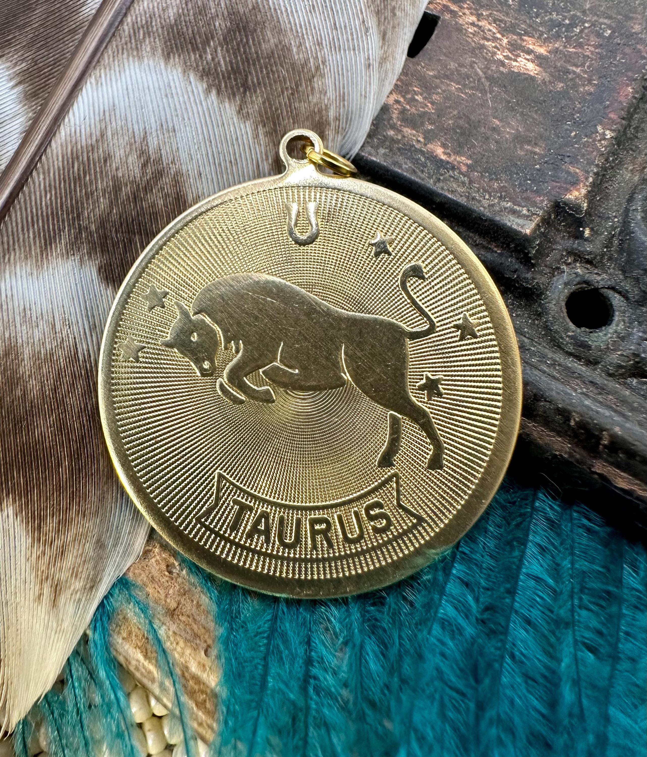 Vintage Raw Brass BiG TAURUS ZODIAC TAG Charm for Necklace Pendant Gold Stamping Birthday Gift for Her Jewelry Mid Century Him Keychain
