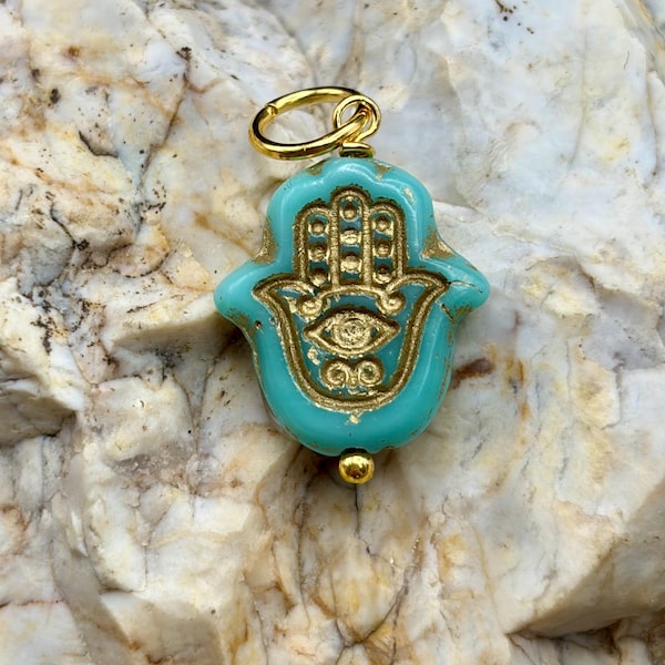 Vintage Style TURQUOISE HAMSA HAND Czech Glass Bead Charm Pendant for Necklace Earrings Bracelet Gift For Her Gold