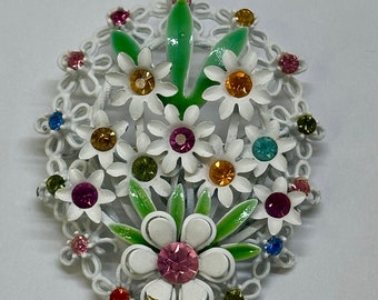 Vintage White Enamel Crystal Rhinestone Flower Brooch Colorful Spring Bouquet UV Glowy
