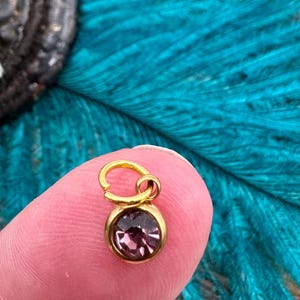 May include: A small, gold-colored charm with a round, purple gemstone. The charm is held against a background of teal feathers. The charm has a small loop at the top for attaching to a necklace or bracelet.