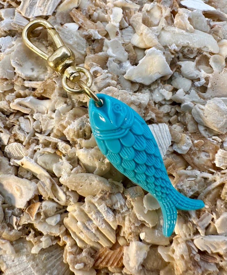 Vintage Raw Brass Clip On Charm GERMAN Resin TURQUOISE FISH for Necklace Holder Pendant Gold Bracelet Small Lobster Claw Clasp Chunky image 3