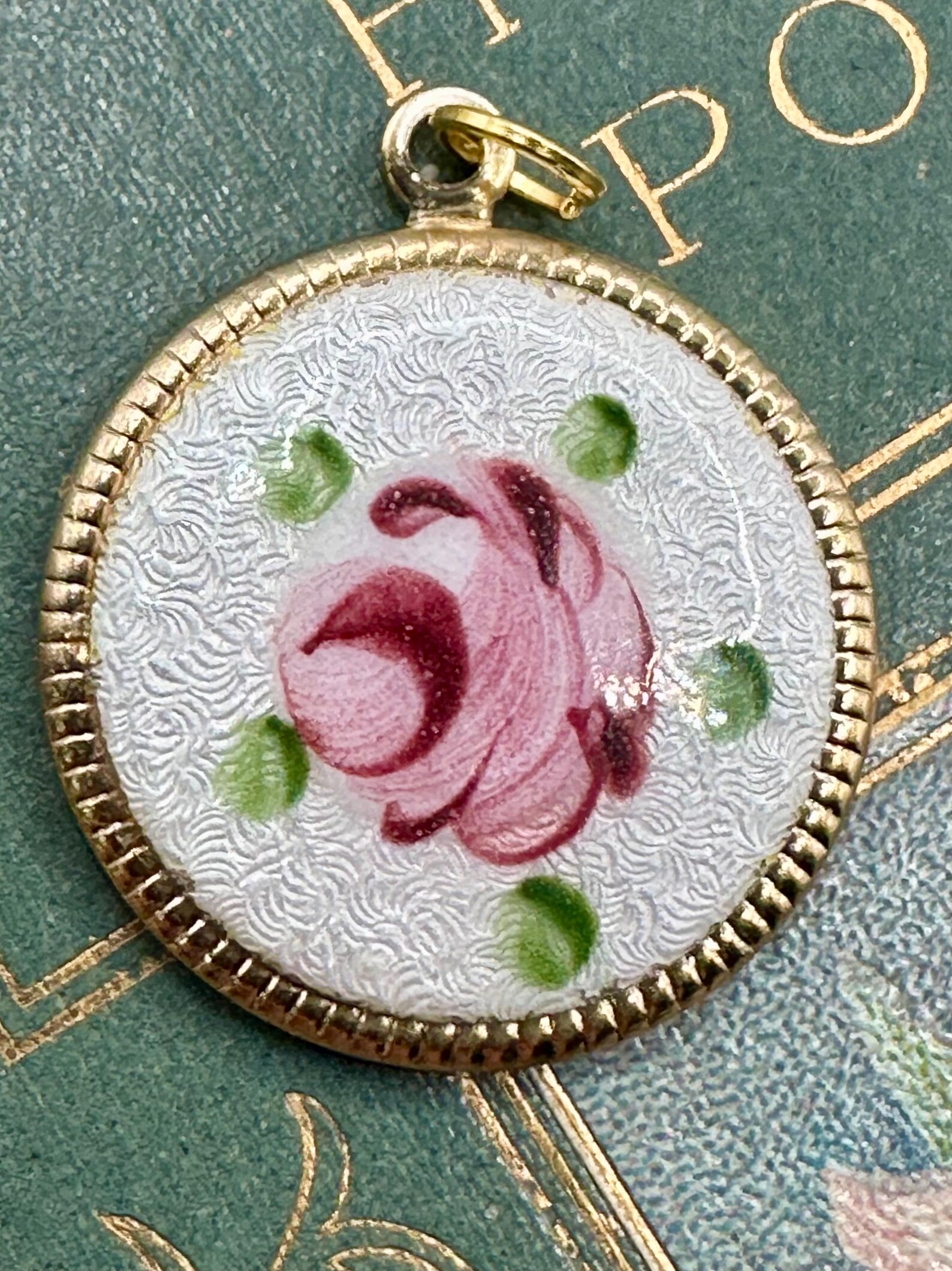 Vintage Victorian Style HAND PAINTED ROSE Charm for Necklace Guilloche ...