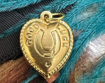 Vintage Raw Brass Puffy Heart GOOD LUCK HORSESHOE Charm for Necklace Pendant Gold Stamping Gift Lucky Graduation Victorian for Her