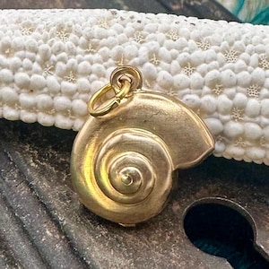 Peut inclure: Un pendentif doré en forme de coquille de nautile. Le motif en spirale est détaillé et le pendentif possède une petite boucle pour une chaîne. Le fond est une surface blanche texturée.